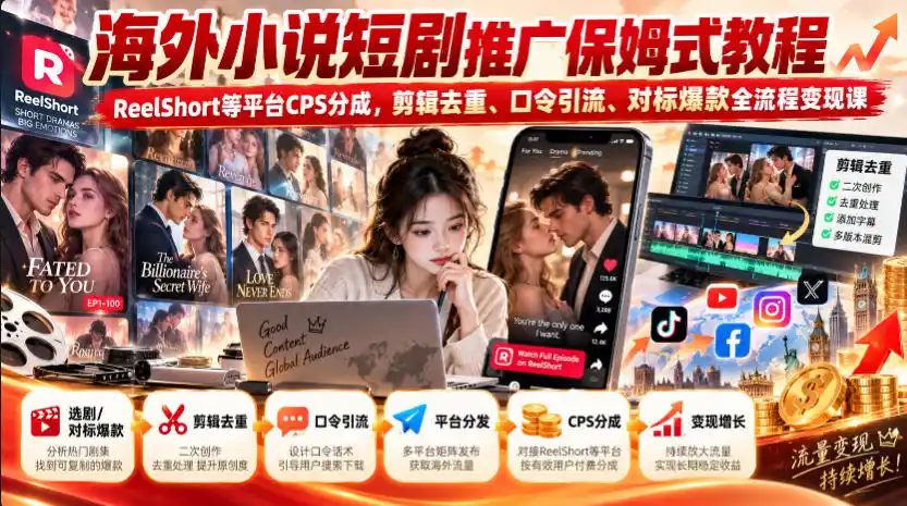 海外小说短剧推广保姆式教程｜ReelShort等平台CPS分成，剪辑去重、口令引流、对标爆款全流程变现课-科技美南博客