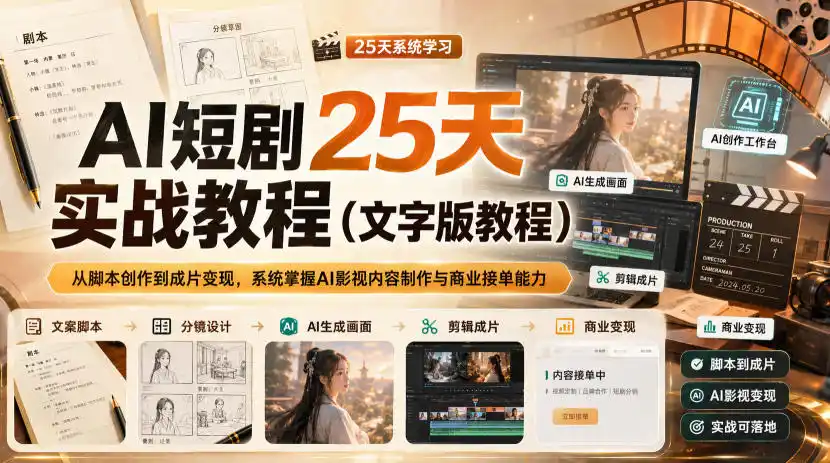 AI短剧25天实战教程(文字版教程),从脚本创作到成片变现,系统掌握AI影视内容制作与商业接单能力-科技美南博客