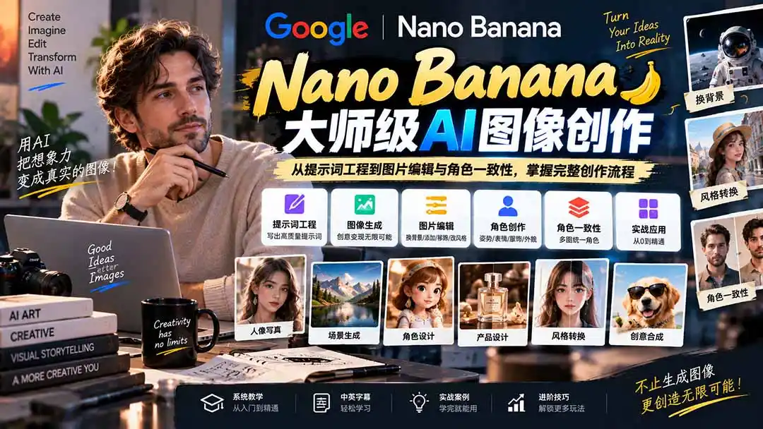 【无水印】Nano Banana大师级AI图像实战课：从提示词工程到图片编辑与角色一致性，掌握完整创作流程-科技美南博客
