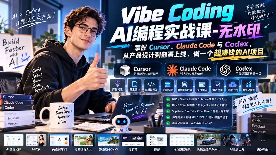 Vibe Coding AI编程实战课-无水印：掌握Cursor、Claude Code与Codex，从产品设计到部署上线，做一个超赚钱的AI项目-科技美南博客