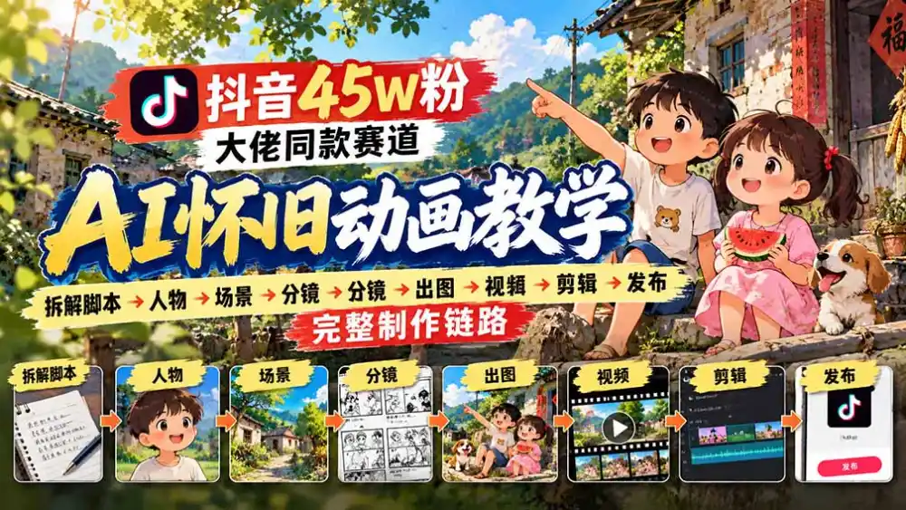 抖音45W粉大佬同款赛道AI怀旧动画教学:拆解脚本→人物→场景→分镜→出图→视频→剪辑→发布完整制作链路-科技美南博客