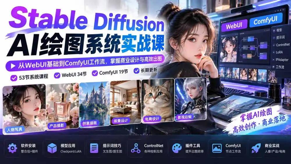 【无水印】Stable Diffusion AI绘图系统实战课:从WebUI基础到ComfyUI工作流,掌握商业设计与高效出图-科技美南博客