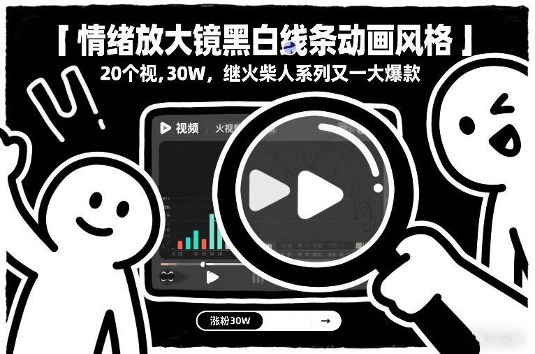 情绪放大镜黑白线条动画风格，20个视频，涨粉30W，继火柴人系列又一大爆款-科技美南博客