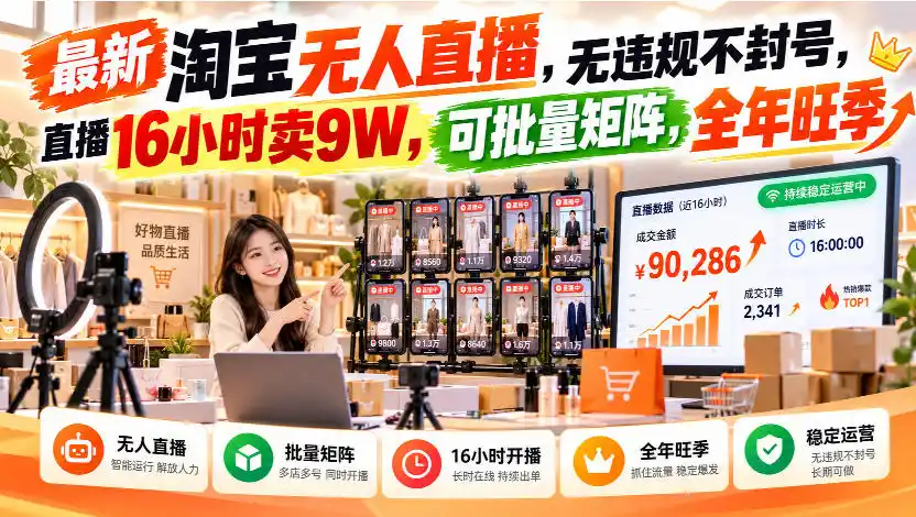 最新淘宝无人直播,无违规不封号,直播16小时卖9W,可批量矩阵,全年旺季【揭秘】-科技美南博客