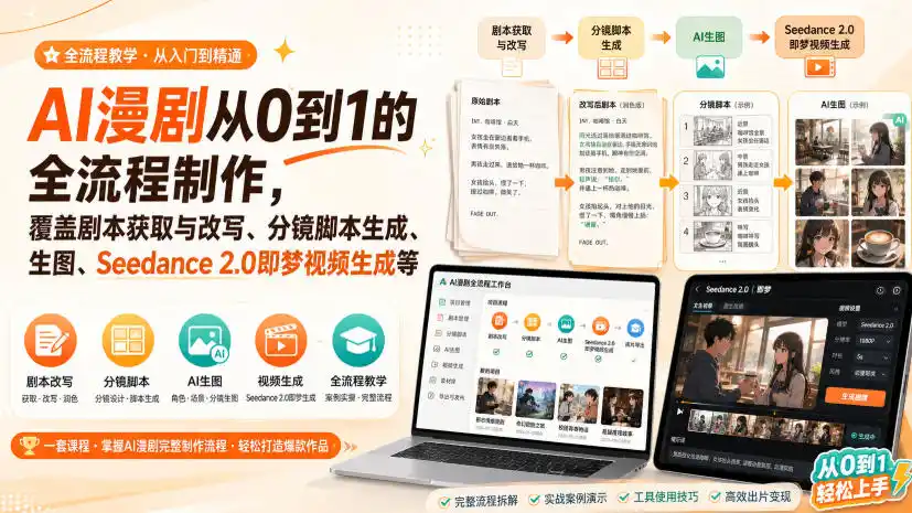 AI漫剧从0到1的全流程制作,覆盖剧本获取与改写、分镜脚本生成、角色场景生图与三视图、Seedance 2.0即梦视频生成(PDF版)