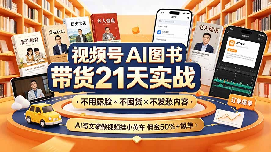 视频号AI图书带货21天实战：不用露脸×不囤货×不发愁内容，AI写文案做视频挂小黄车，佣金50%+爆单-科技美南博客