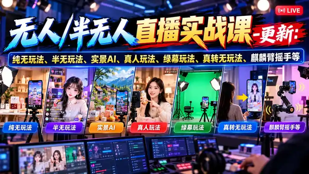 无人/半无人直播实战课-10月20更新:纯无玩法、半无玩法、实景AI、真人玩法、绿幕玩法、真转无玩法、麒麟臂摇手等-科技美南博客