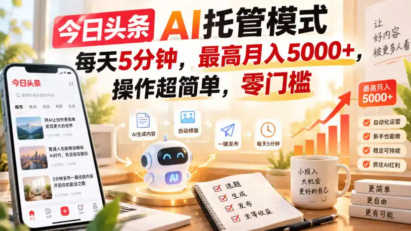今日头条AI托管模式，每天5分钟，最高月入5000+，操作超简单，零门槛【揭秘】-科技美南博客