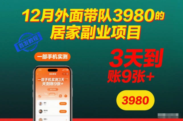 12月外面带队3980的居家副业项目，一部手机实测3天到账9张+，首发教程【揭秘】-科技美南博客