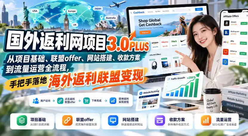 国外返利网项目3.0PLUS,从项目基础、联盟offer、网站搭建、收款方案到流量运营全流程,手把手落地海外返利联盟变现-科技美南博客