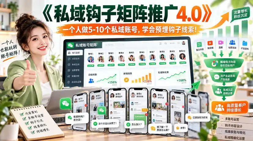 【无水印】《私域钩子矩阵推广4.0》一个人做5-10个私域账号，学会预埋钩子线索！-科技美南博客