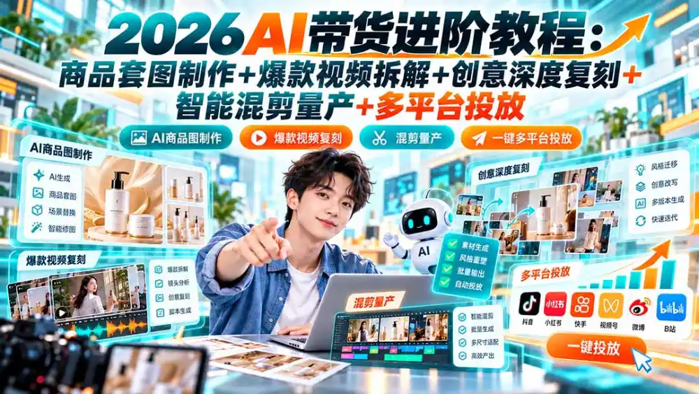 2026AI带货进阶教程：商品套图制作+爆款视频拆解+创意深度复刻+智能混剪量产+多平台投放-科技美南博客