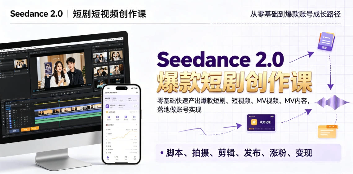 Seedance 2.0短剧短视频创作课,零基础快速产出爆款短剧、短视频、MV内容,落地做账号实现变现