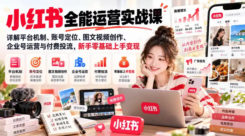 小红书全能运营实战课,详解平台机制、账号定位、图文视频创作、企业号运营与付费投流,新手零基础上手变现-科技美南博客