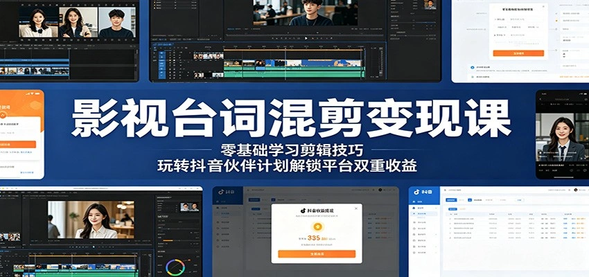 影视台词混剪变现课：零基础学习剪辑技巧，玩转抖音伙伴计划解锁平台双重收益-科技美南博客