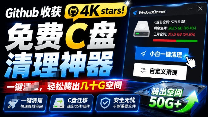Github收获4K stars！免费C盘清理神器，轻松腾出几十G空间，支持C盘迁移Windows Cleaner-科技美南博客