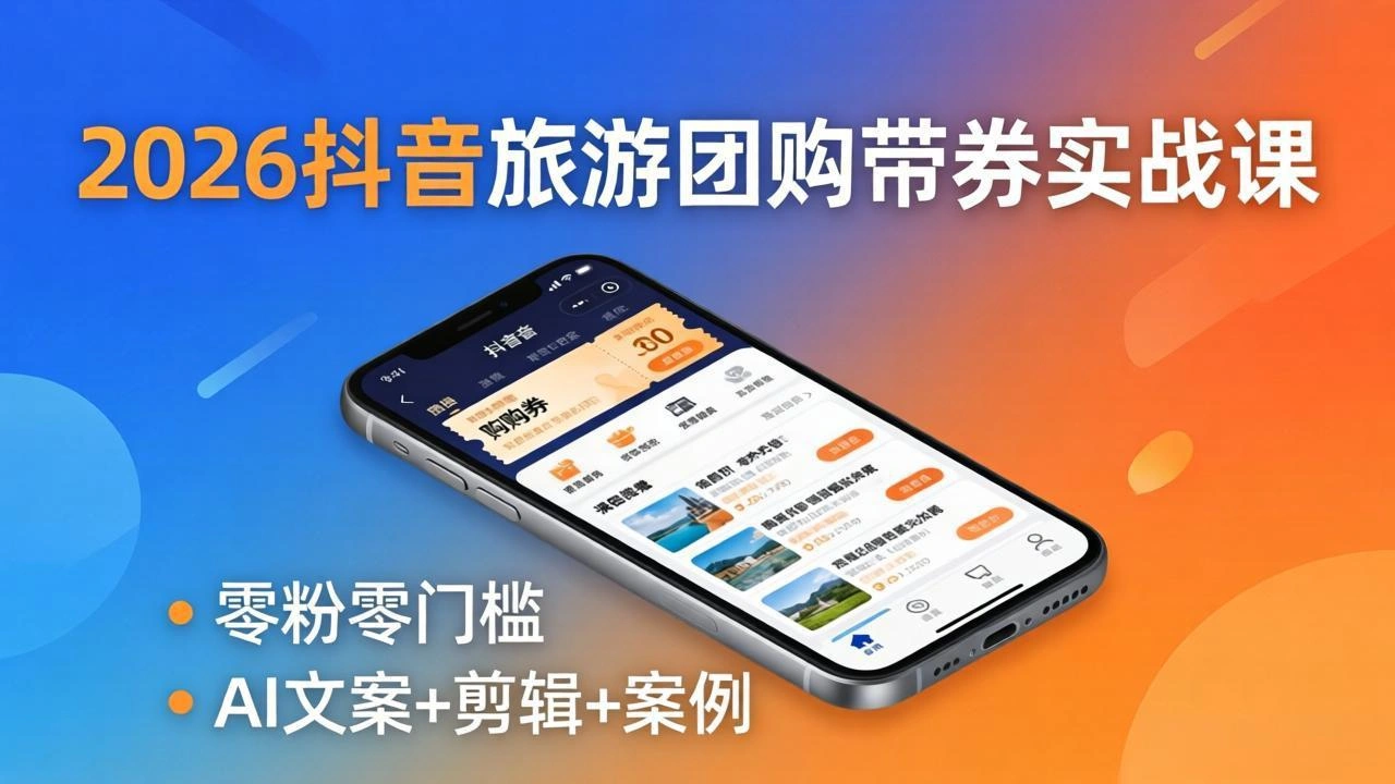 2026抖音旅游团购带券实战课：零粉零门槛，AI文案+剪辑+案例，躺着赚门票佣金-科技美南博客