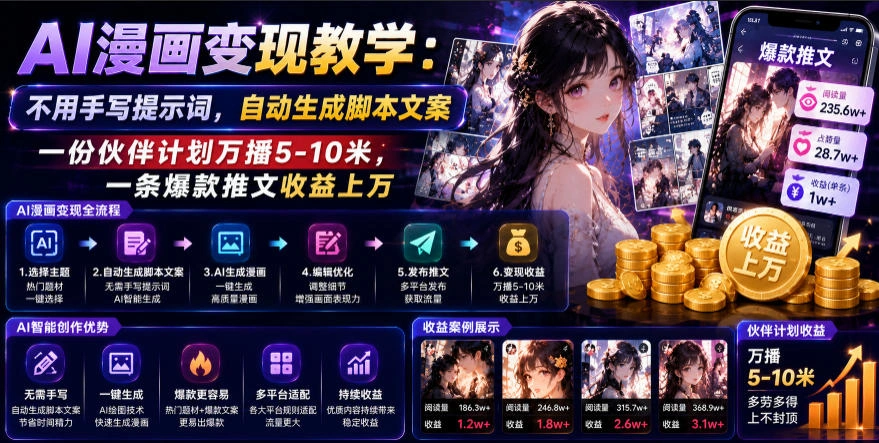 AI漫画变现教学：不用手写提示词，自动生成脚本文案，一份伙伴计划万播5-10米，一条爆款推文收益上W-科技美南博客