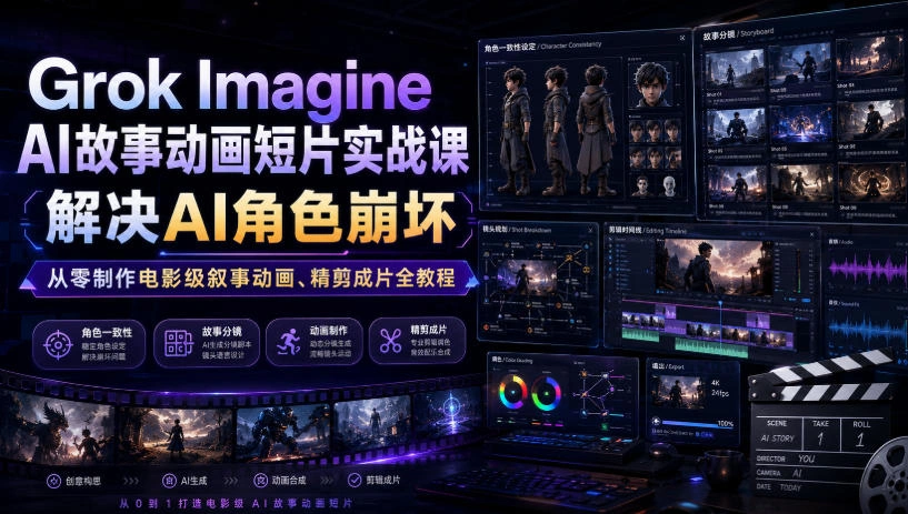 Grok Imagine AI故事动画短片实战课｜解决AI角色崩坏，从零制作电影级叙事动画、精剪成片全教程(中英字幕)-科技美南博客