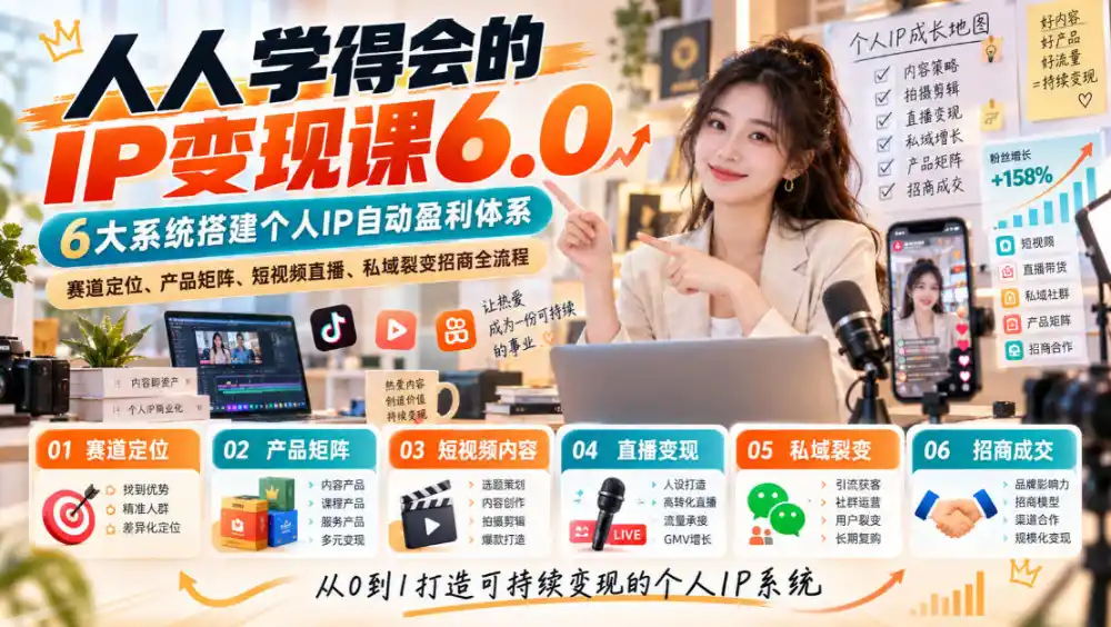 人人学得会的IP变现课6.0，6大系统搭建个人IP自动盈利体系，赛道定位、产品矩阵、短视频直播、私域裂变招商全流程-科技美南博客