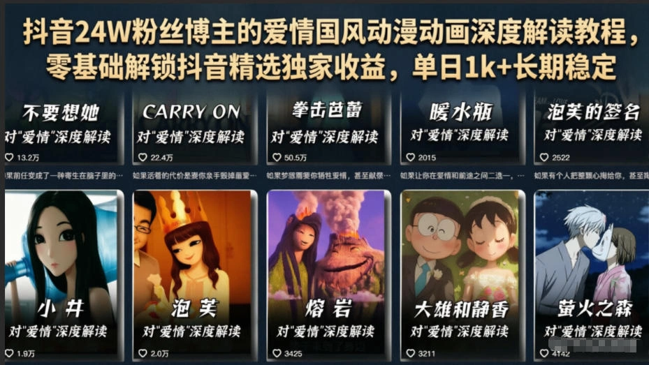 抖音24W粉丝博主的爱情国风动漫动画深度解读教程，零基础解锁抖音精选独家收益，单日1k+长期稳定-科技美南博客