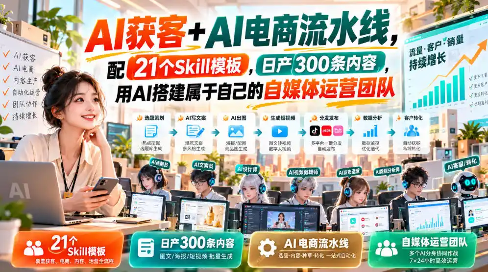AI获客+AI电商流水线，配21个Skill模板，日产300条内容，用AI搭建属于自己的自媒体运营团队-科技美南博客