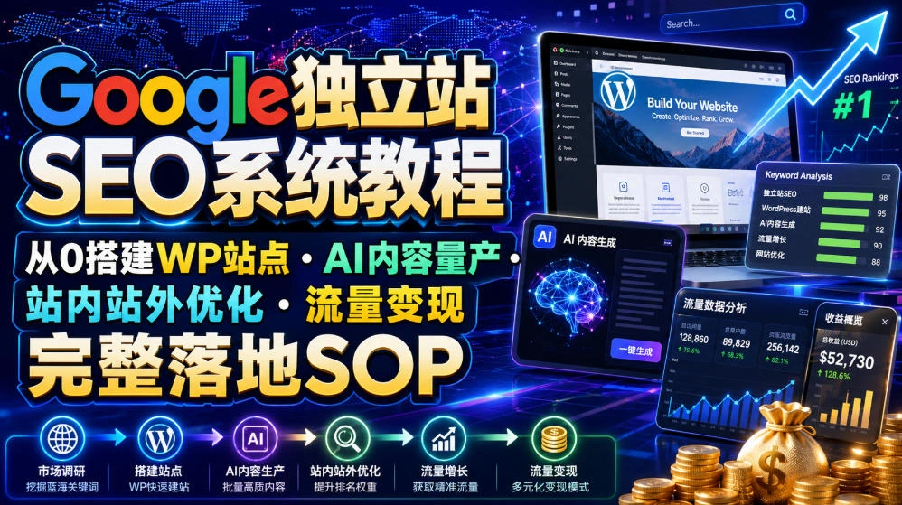 Google独立站SEO系统教程,从0搭建WP站点・AI内容量产・站内站外优化・流量变现完整落地SOP(2026年7月)-科技美南博客