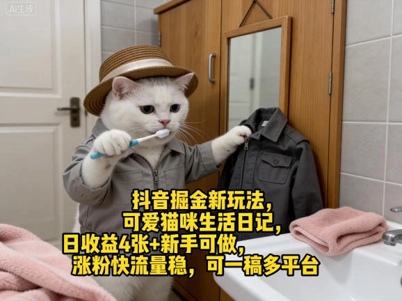抖音掘金新玩法，可爱猫咪生活日记，日收益4张+新手可做，涨粉快流量稳，可一稿多平台-科技美南博客