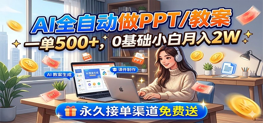 AI全自动做PPT/教案，一单500+，0基础小白月入2W，永久接单渠道免费送-科技美南博客