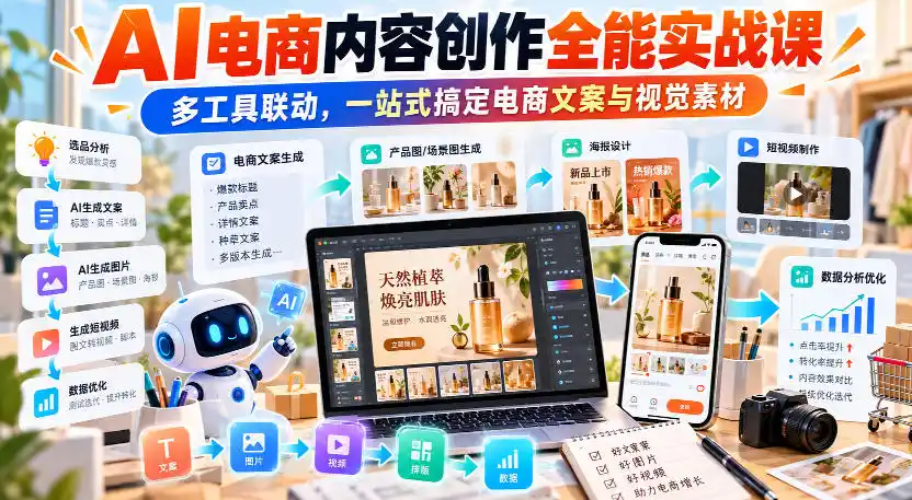 【无水印】AI电商内容创作全能实战课｜多工具联动，一站式搞定电商文案与视觉素材-科技美南博客
