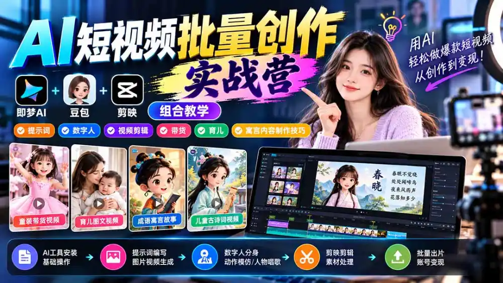 【无水印】AI短视频批量创作实战营：即梦+豆包+剪映组合教学，提示词/数字人/视频剪辑/带货/育儿/寓言内容制作技巧-科技美南博客