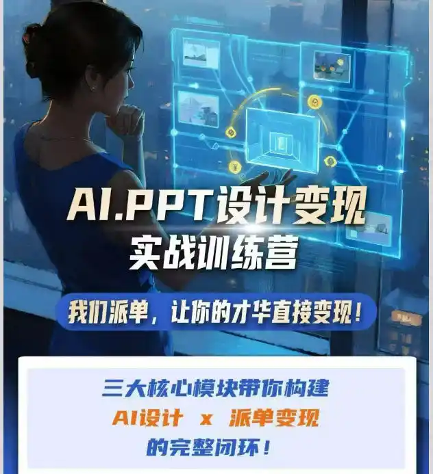 AI+PPT设计变现实战训练营,我们派单,让你的才华直接变现,三大核心模块带你构建Al设计x派单变现的完整闭环