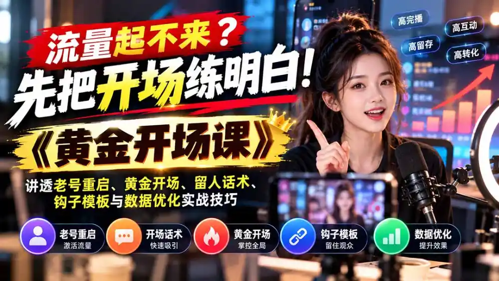 流量起不来？先把开场练明白！《黄金开场课》讲透老号重启、黄金开场、留人话术、钩子模板与数据优化实战技巧-科技美南博客