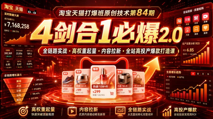 淘宝天猫打爆班原创技术第84期|4剑合1必爆2.0全链路实战・高权重起量・内容拉新・全站高投产爆款打造课-科技美南博客