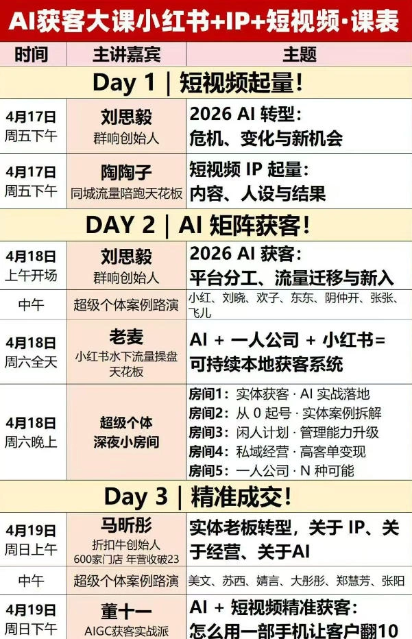 AI获客大课小红书+IP+短视频3天2夜线下课，用最真实的一线案例，最前沿的AI工具，最有效的流量打法