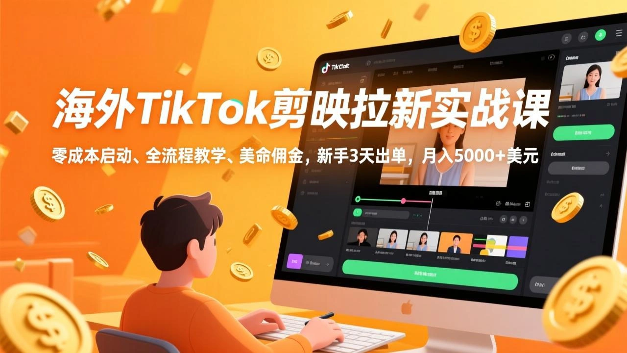 海外TikTok剪映拉新实战课，零成本启动、全流程教学、美金佣金，新手3天出单，月入5000+美元-科技美南博客