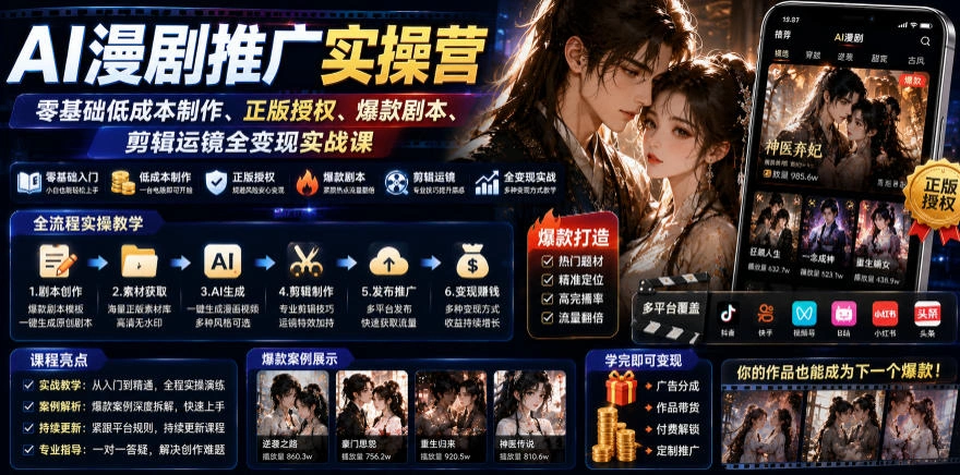 AI漫剧推广实操营|零基础低成本制作、正版授权、爆款剧本、剪辑运镜全变现实战课-科技美南博客