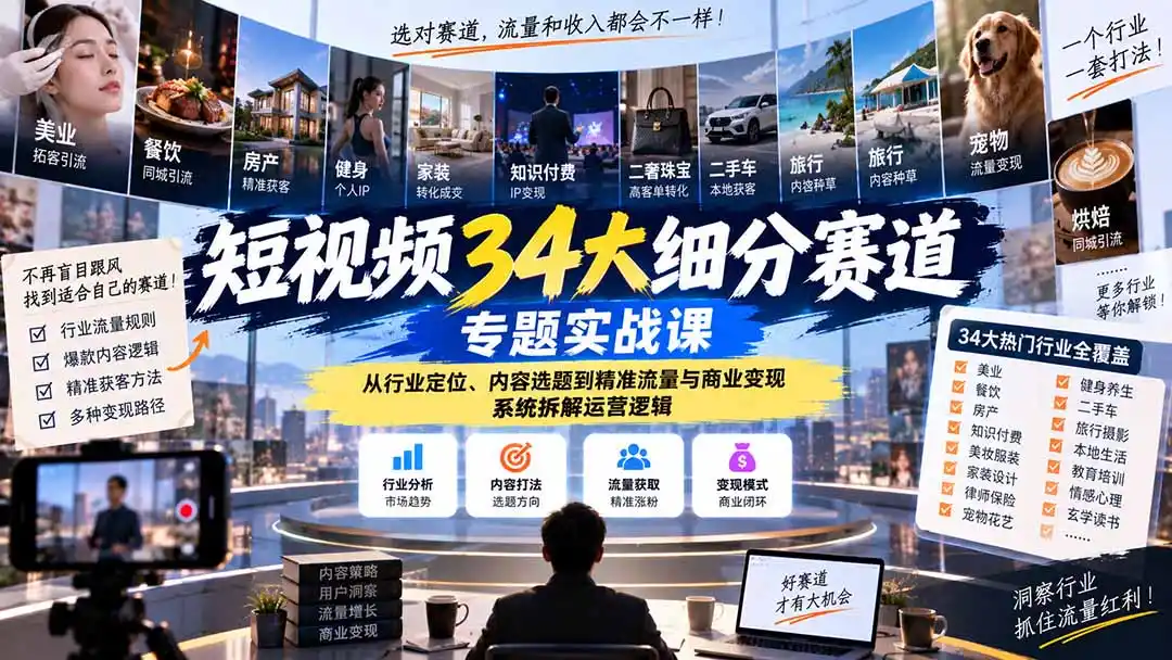 短视频34大细分赛道专题实战课：从行业定位、内容选题到精准流量与商业变现，系统拆解运营逻辑-科技美南博客