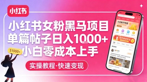 小红书女粉黑马项目，单篇帖子日入1k+，小白零成本上手-科技美南博客