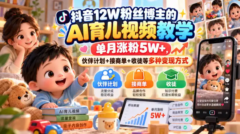 抖音12W粉丝博主的AI育儿视频教学，单月涨粉5W+，伙伴计划+接商单+收徒等多种变现方式-科技美南博客