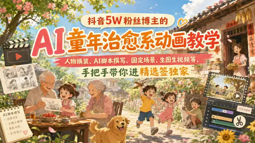 抖音5W粉丝博主的AI童年治愈系动画教学,人物换装、AI脚本撰写、固定场景、生图生视频等,手把手带你进精选签独家-科技美南博客