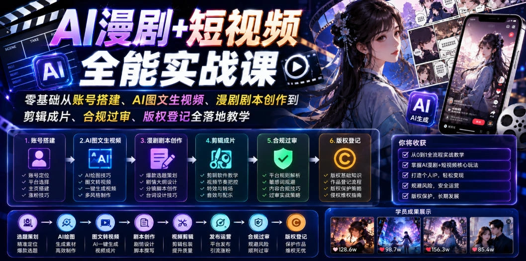 AI漫剧+短视频全能实战课｜零基础从账号搭建、AI图文生视频、漫剧剧本创作到剪辑成片、合规过审、版权登记全落地教学-科技美南博客
