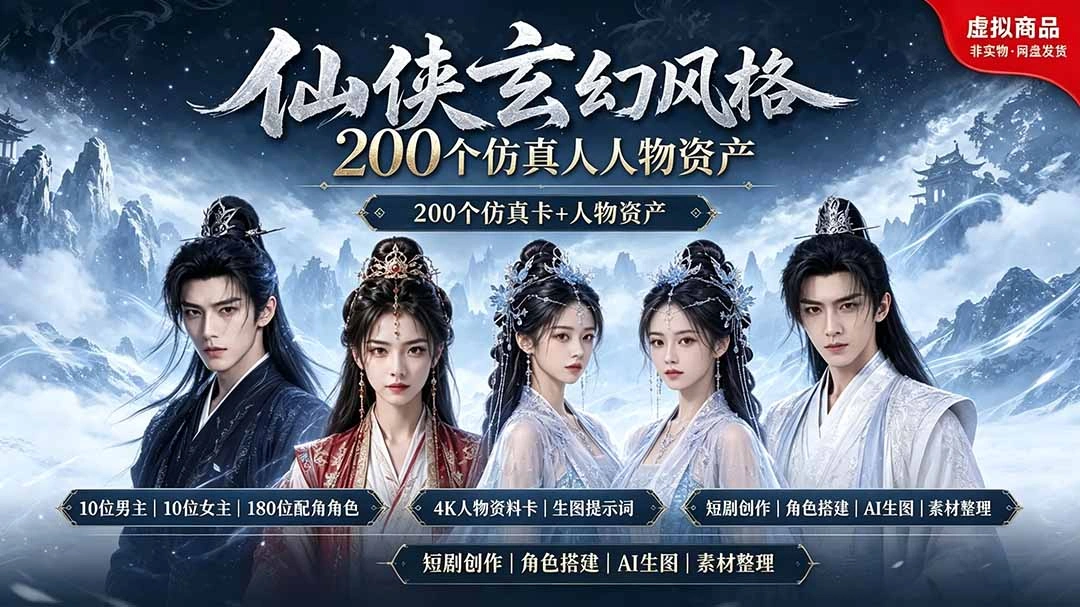 200个仙侠玄幻仿真人素材◆10男主×10女主×180配角，4K资料卡+AI生图提示词，漫剧必备-科技美南博客