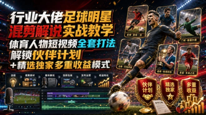 行业大佬足球明星混剪解说实战教学｜体育人物短视频全套打法，解锁伙伴计划+精选独家多重收益模式-科技美南博客