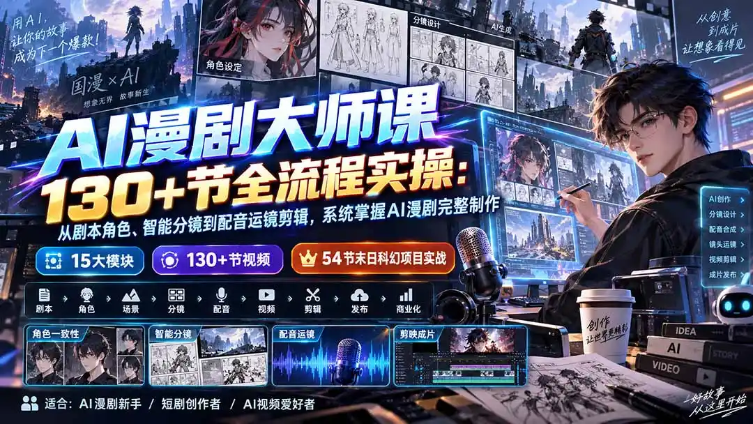 AI漫剧大师课130+节全流程实操：从剧本角色、智能分镜到配音运镜剪辑，系统掌握AI漫剧完整制作-科技美南博客