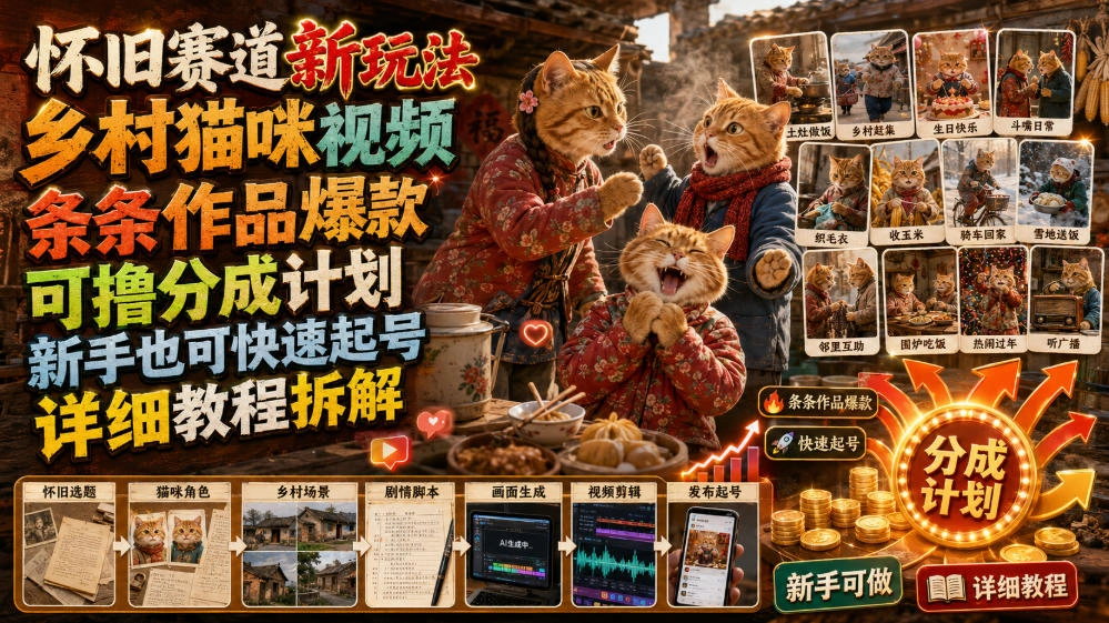 怀旧赛道新玩法，乡村猫咪视频，条条作品爆款，可撸分成计划，新手也可快速起号，详细教程拆解-科技美南博客