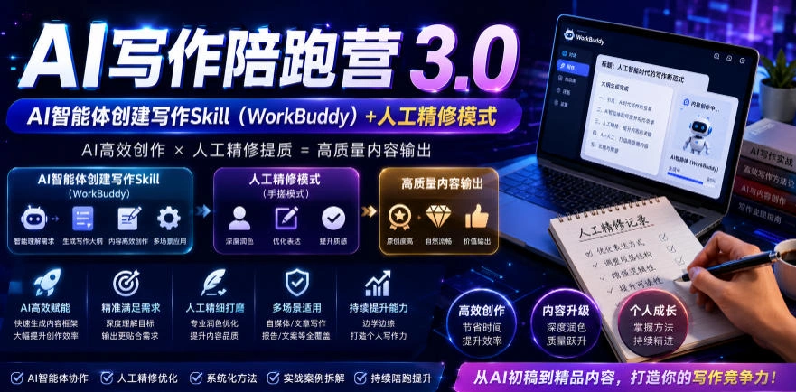 AI写作陪跑营3.0，Ai智能体创建写作skill(workbuddy)+人工手写模式(手搓模式)，去除AI痕迹(头条号、公众号、百家号)-科技美南博客