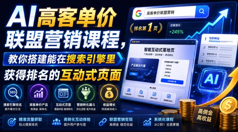 AI高客单价联盟营销课程，教你搭建能在搜索引擎里获得排名的互动式页面，引来流量，把访客转化为高佣金的成交【原创双语字幕】-科技美南博客