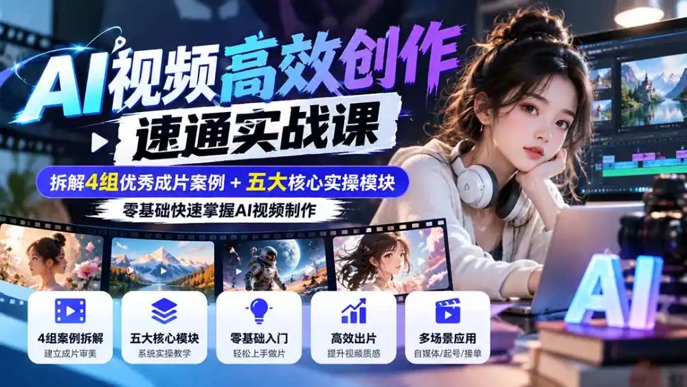 【无水印】AI视频高效创作速通实战课：拆解4组优秀成片案例+五大核心实操模块，零基础快速掌握AI视频制作-科技美南博客