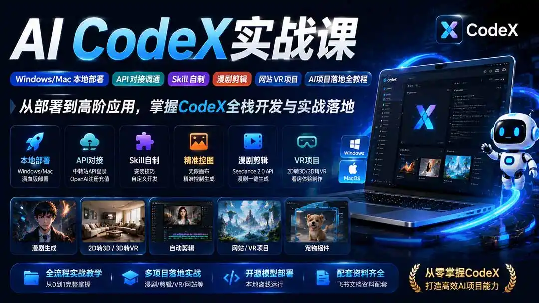 AI CodeX实战课｜Windows/Mac 本地部署｜API 对接调通｜Skill 自制｜漫剧剪辑｜网站 VR 项目｜AI项目落地全教程-科技美南博客